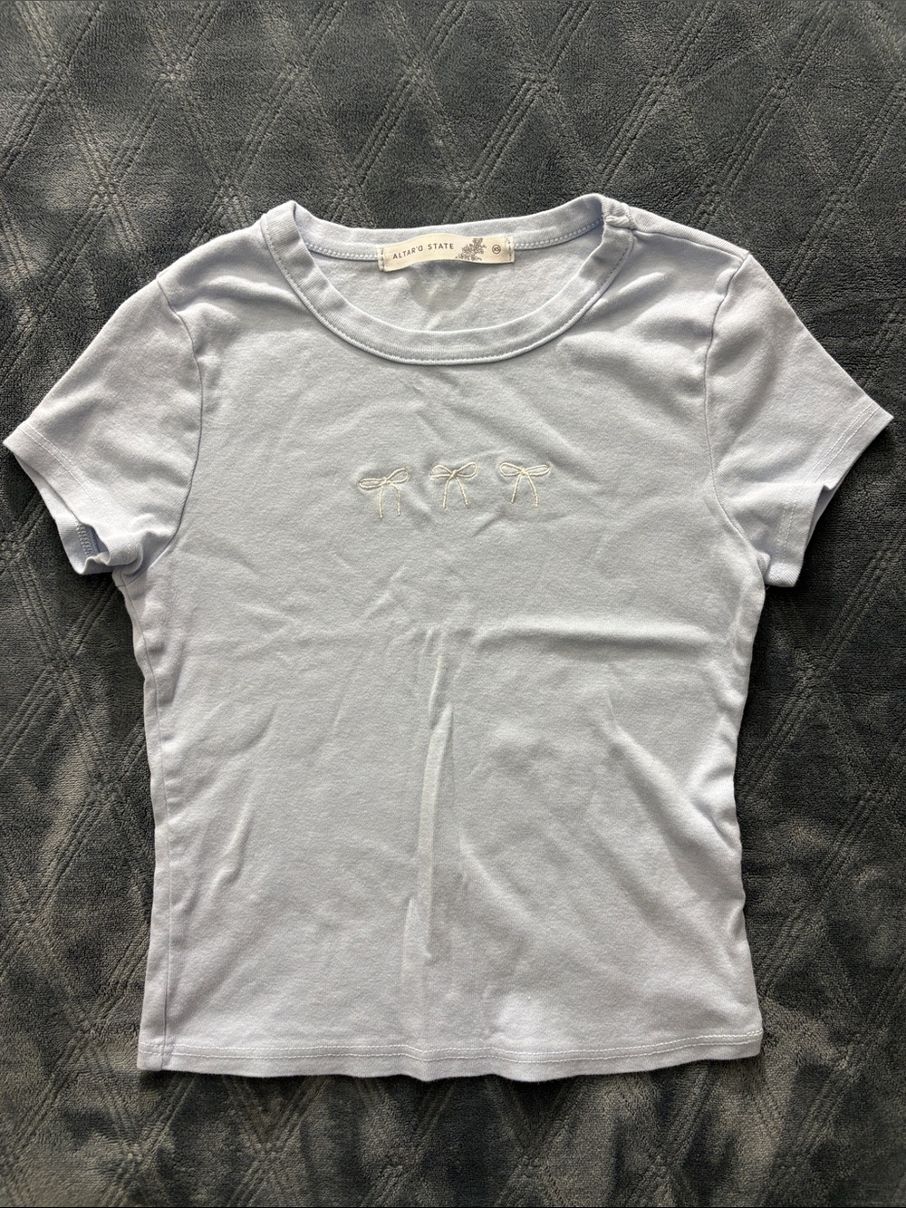 Altar'd State Pale Blue Short Sleeve Tee with Tiny Bow Embroidery